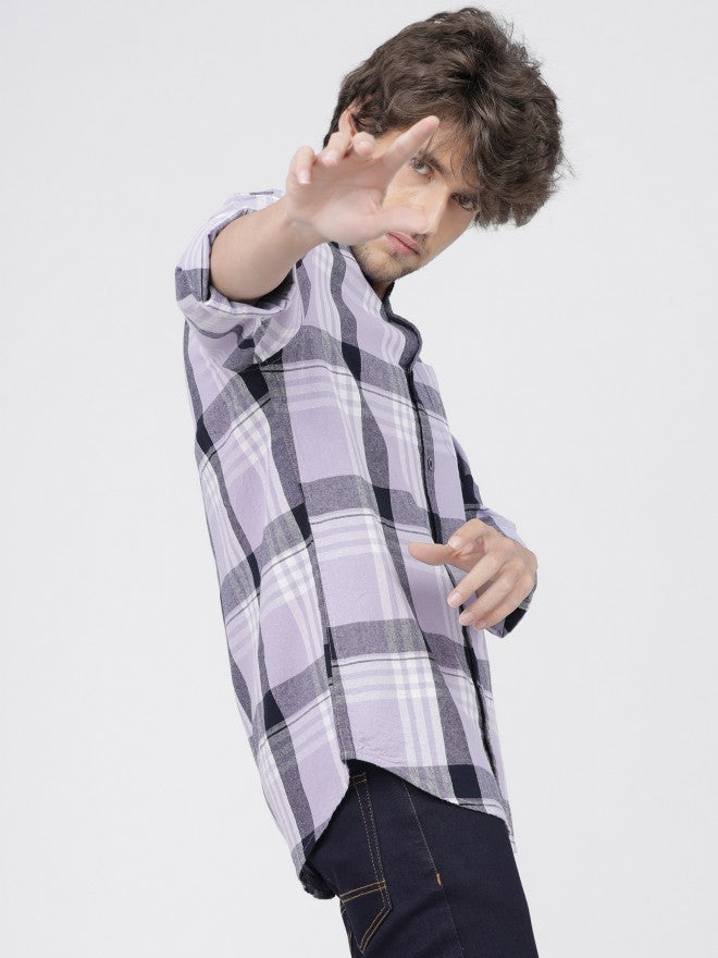 Mens Lavender/Navy Slim Fit Checked Casual Shirt - Lavender - Image 6