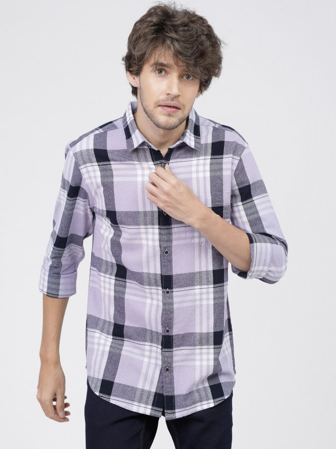 Mens Lavender/Navy Slim Fit Checked Casual Shirt - Lavender - Image 7