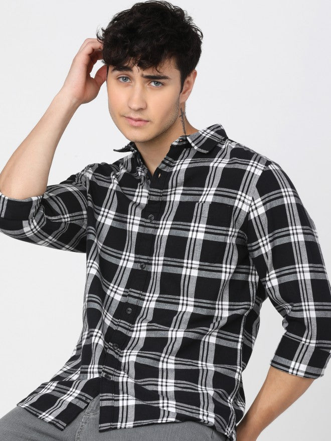 Mens Black/White Slim Fit Checked Casual Shirt - Black - Image 1