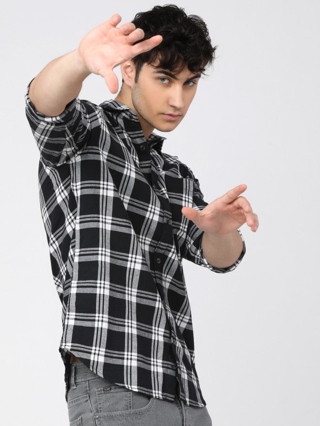 Mens Black/White Slim Fit Checked Casual Shirt - Black - Image 2