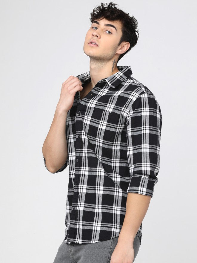 Mens Black/White Slim Fit Checked Casual Shirt - Black - Image 3