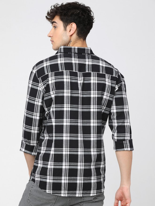 Mens Black/White Slim Fit Checked Casual Shirt - Black - Image 4
