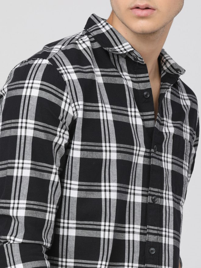 Mens Black/White Slim Fit Checked Casual Shirt - Black - Image 5