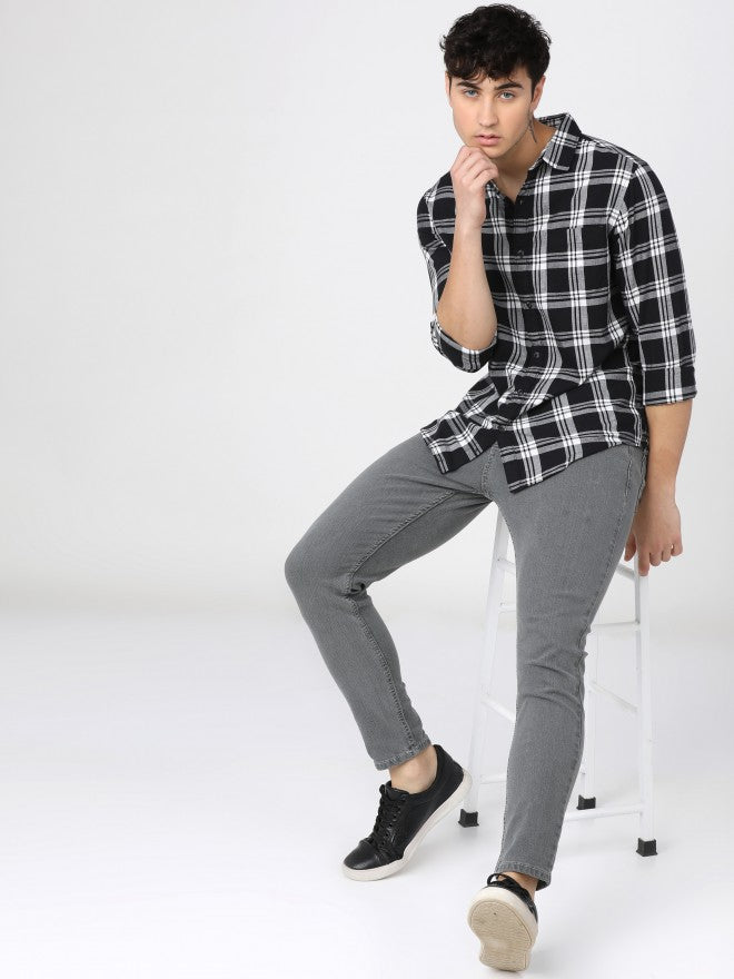 Mens Black/White Slim Fit Checked Casual Shirt - Black - Image 6