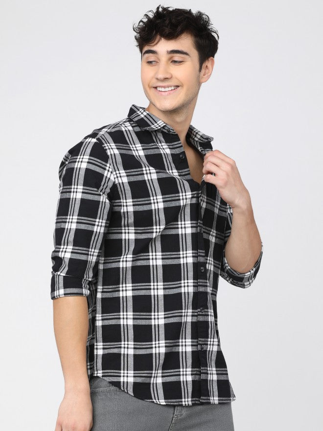 Mens Black/White Slim Fit Checked Casual Shirt - Black - Image 7