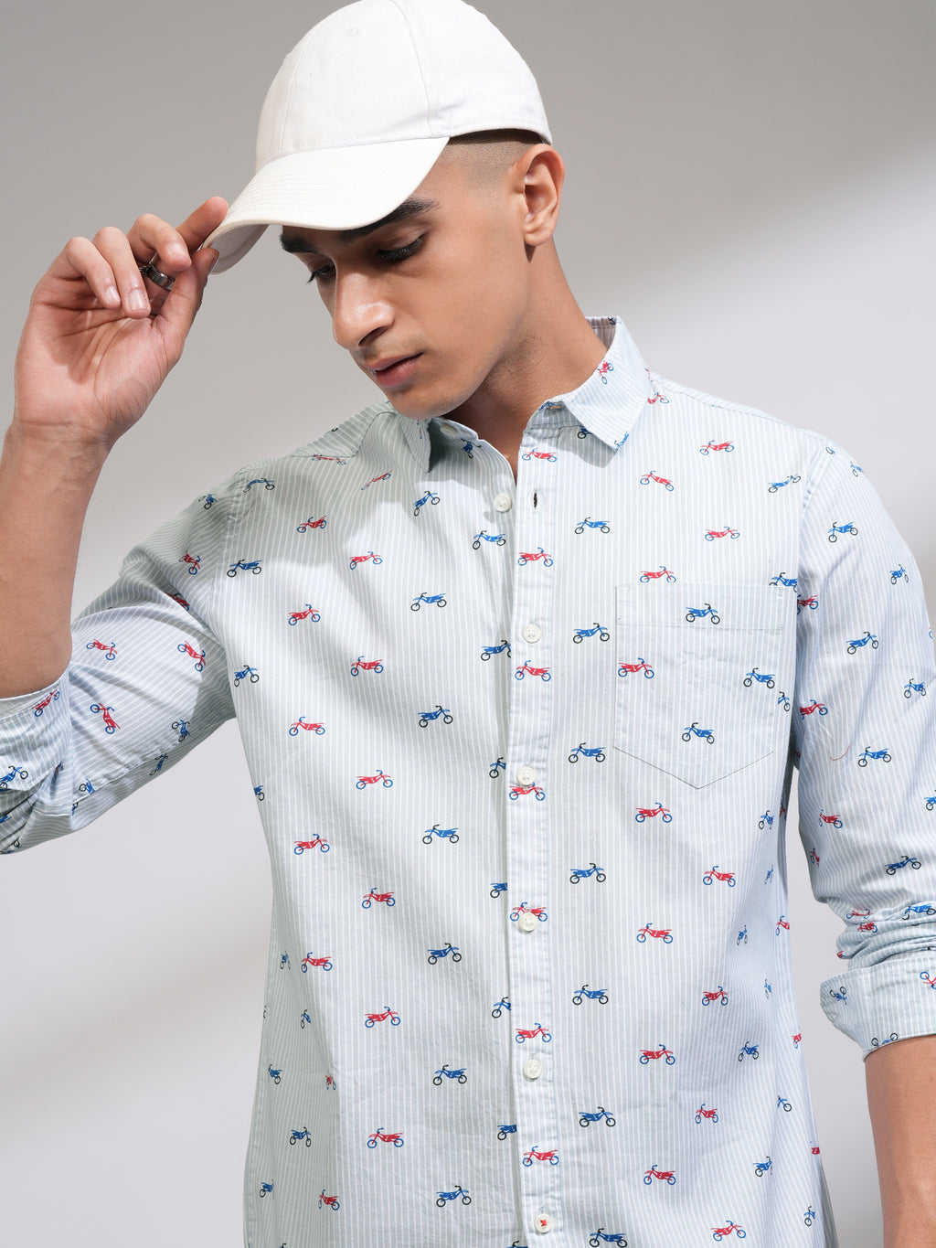 Mens Light Blue Slim Fit Printed Casual Shirt - Blue - Image 1
