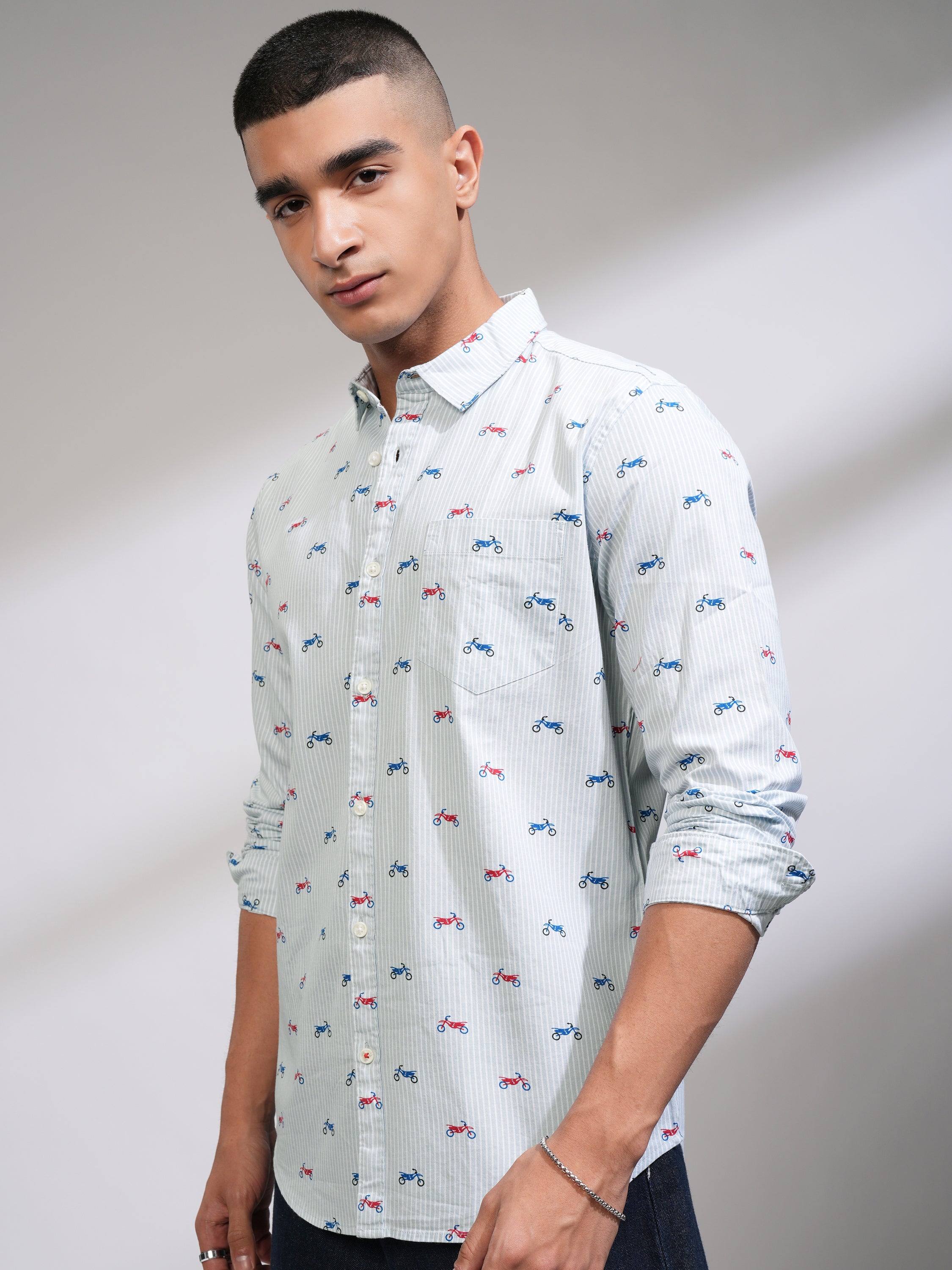 Mens Light Blue Slim Fit Printed Casual Shirt - Blue - Image 4