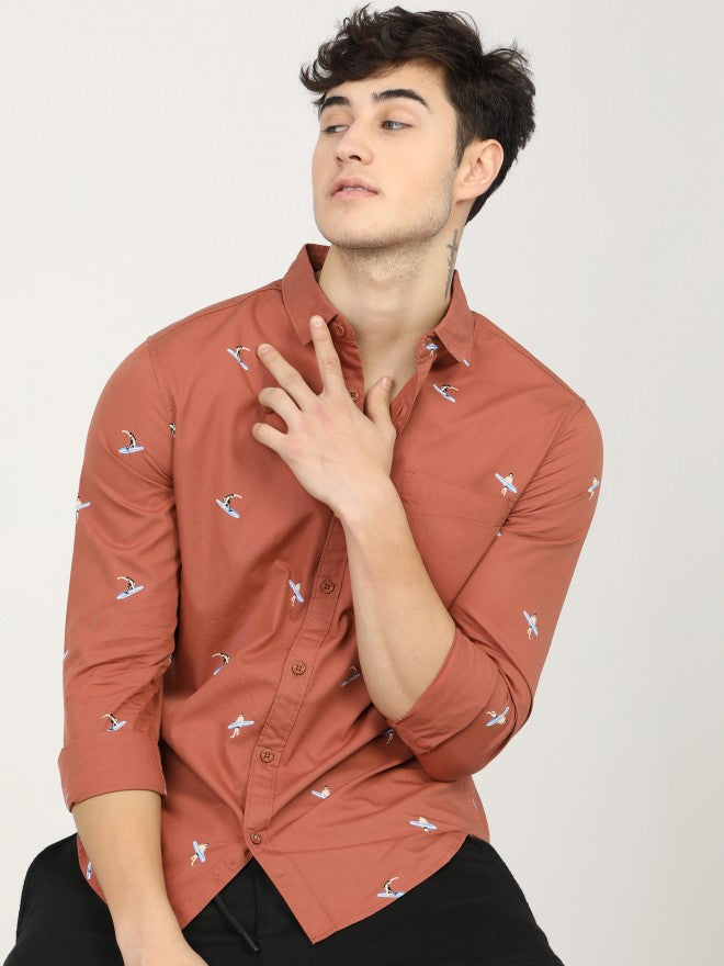 Mens Rust Red & Blue Slim Fit Printed Casual Shirt - Terracotta - Image 1