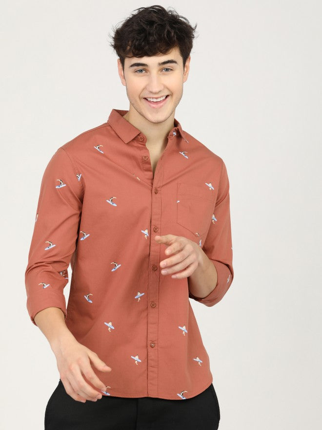 Mens Rust Red & Blue Slim Fit Printed Casual Shirt - Terracotta - Image 2