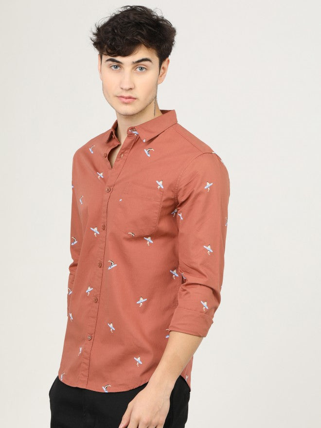 Mens Rust Red & Blue Slim Fit Printed Casual Shirt - Terracotta - Image 3