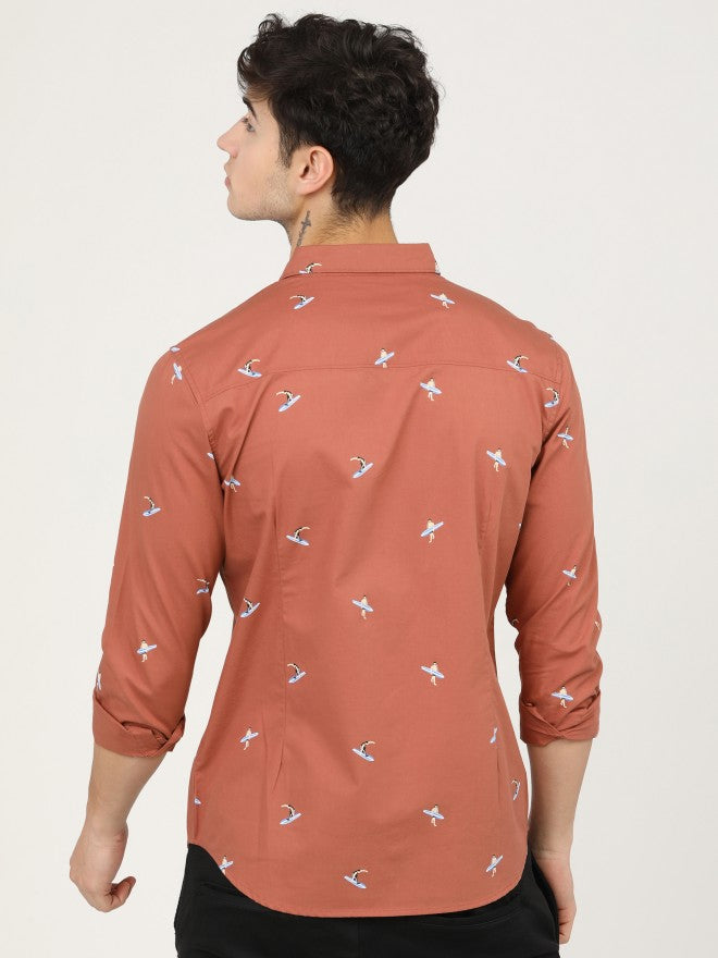 Mens Rust Red & Blue Slim Fit Printed Casual Shirt - Terracotta - Image 4
