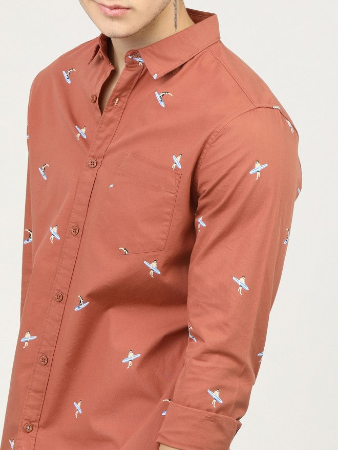 Mens Rust Red & Blue Slim Fit Printed Casual Shirt - Terracotta - Image 5