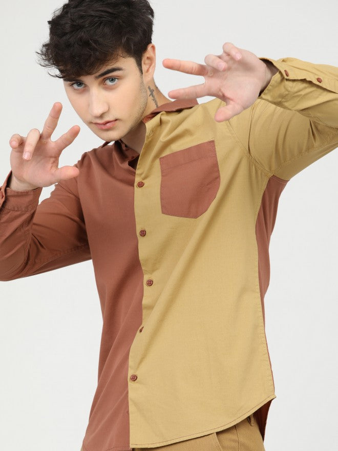 Mens Rust/Yellow Slim Fit Colourblocked Casual Shirt - Terracotta - Image 1