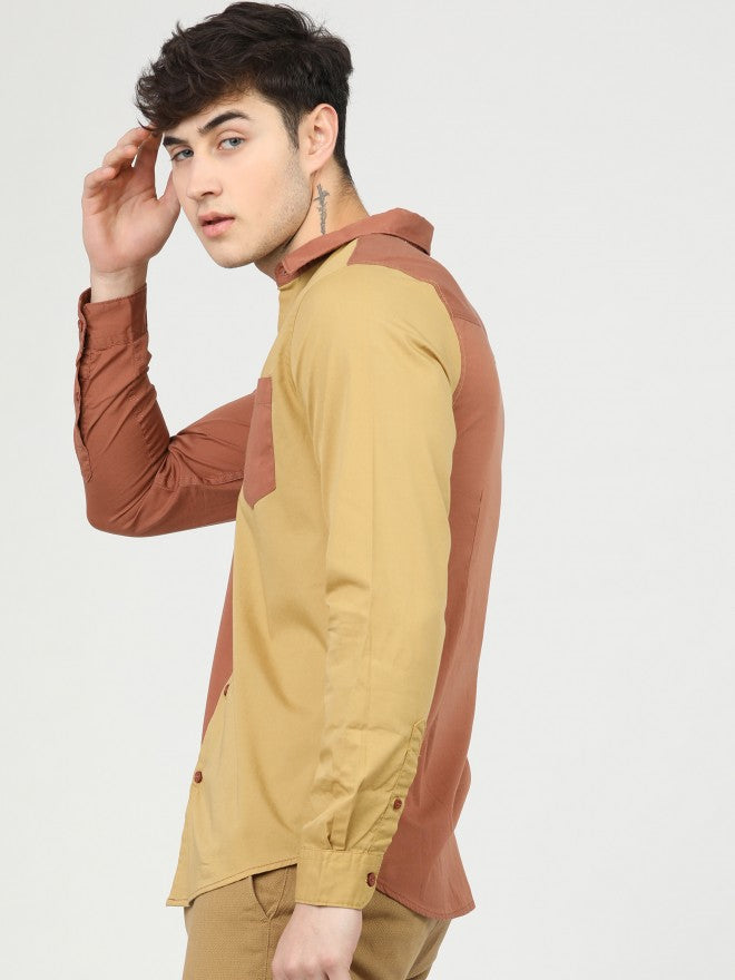 Mens Rust/Yellow Slim Fit Colourblocked Casual Shirt - Terracotta - Image 2