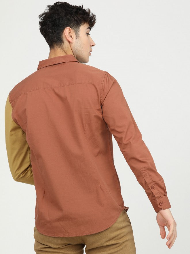 Mens Rust/Yellow Slim Fit Colourblocked Casual Shirt - Terracotta - Image 3
