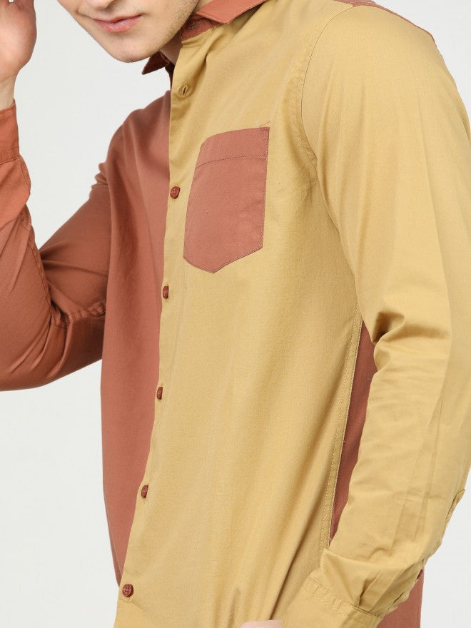 Mens Rust/Yellow Slim Fit Colourblocked Casual Shirt - Terracotta - Image 4