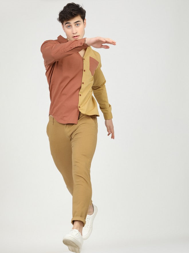 Mens Rust/Yellow Slim Fit Colourblocked Casual Shirt - Terracotta - Image 5