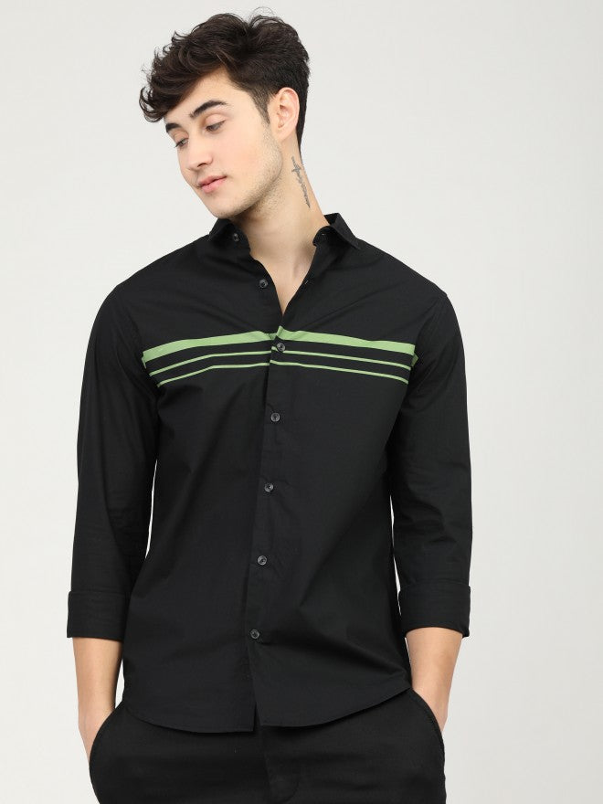 Mens Black/Olive Slim Fit Printed Casual Shirt - Black - Image 2