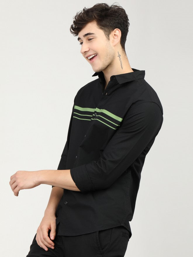 Mens Black/Olive Slim Fit Printed Casual Shirt - Black - Image 3