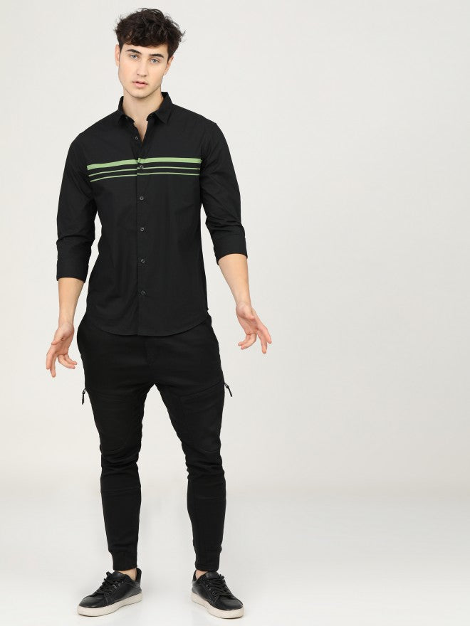 Mens Black/Olive Slim Fit Printed Casual Shirt - Black - Image 6