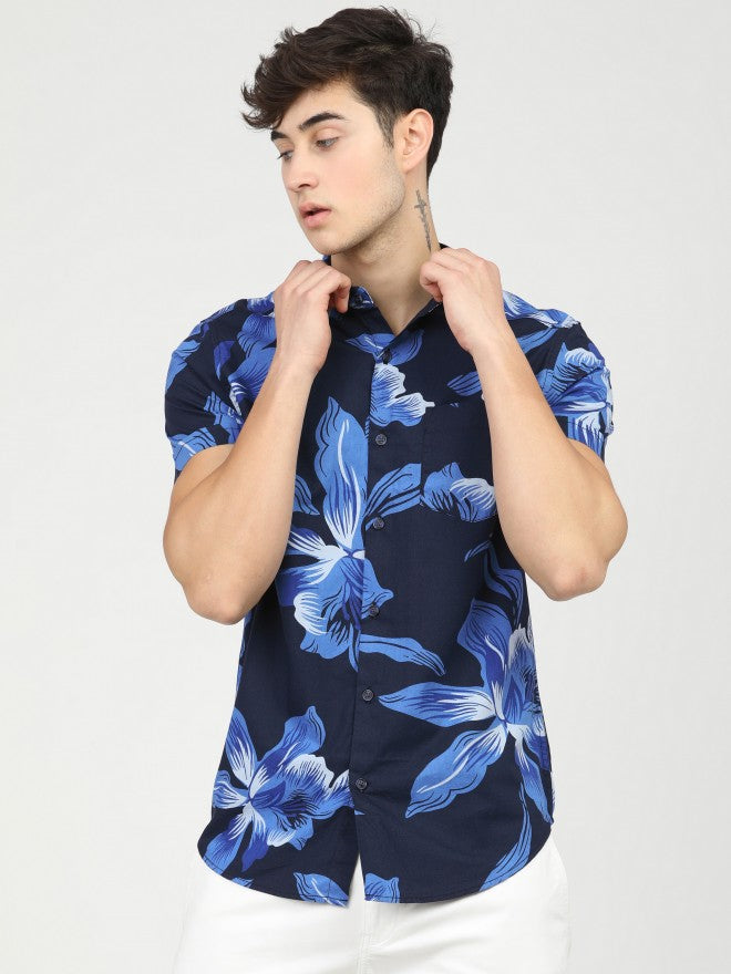 Mens Indigo/Blue Slim Fit Printed Casual Shirt - Blue - Image 2