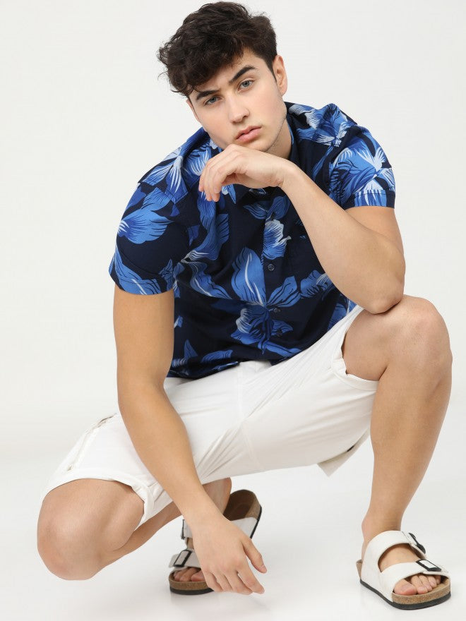 Mens Indigo/Blue Slim Fit Printed Casual Shirt - Blue - Image 6