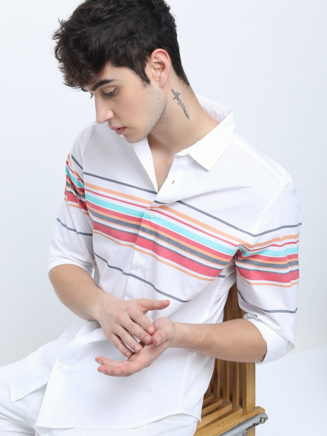 Mens White Slim Fit Striped Casual Shirt - White - Image 1