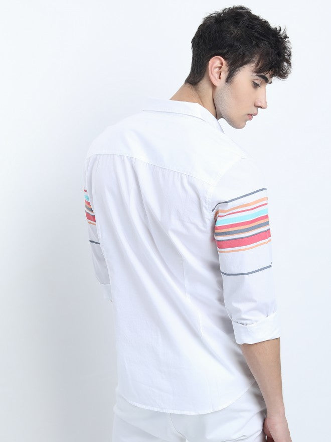 Mens White Slim Fit Striped Casual Shirt - White - Image 3