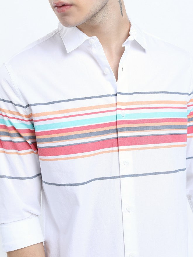 Mens White Slim Fit Striped Casual Shirt - White - Image 4
