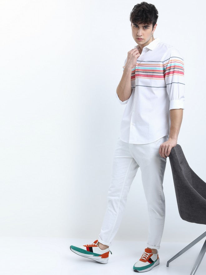Mens White Slim Fit Striped Casual Shirt - White - Image 5