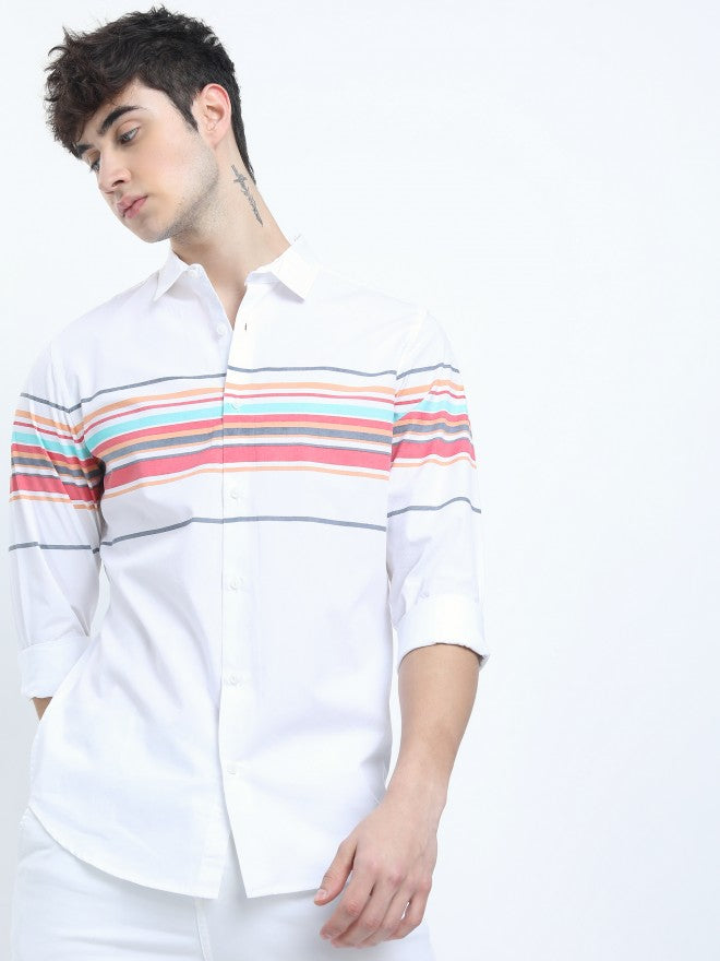 Mens White Slim Fit Striped Casual Shirt - White - Image 7
