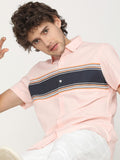 Mens Coral/White Slim Fit Colourblocked Casual Shirt - Peach - Image 1