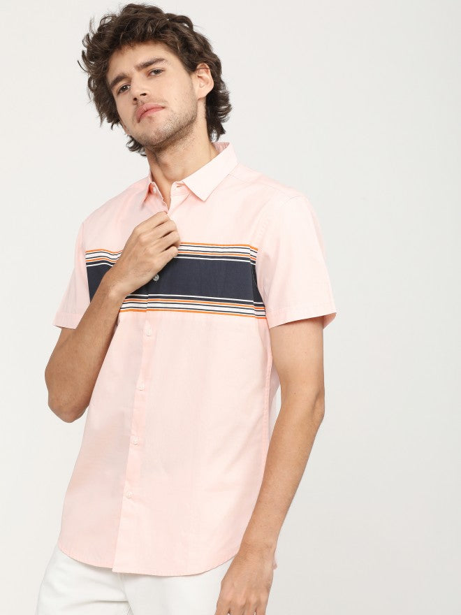 Mens Coral/White Slim Fit Colourblocked Casual Shirt - Peach - Image 2