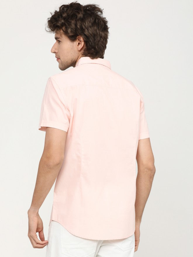 Mens Coral/White Slim Fit Colourblocked Casual Shirt - Peach - Image 3