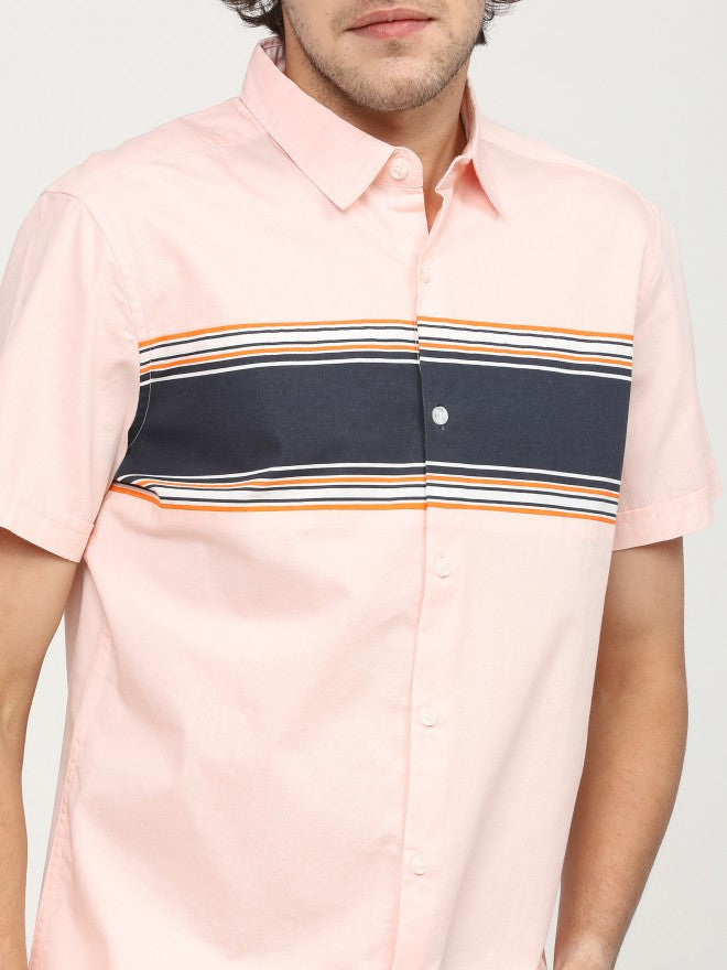 Mens Coral/White Slim Fit Colourblocked Casual Shirt - Peach - Image 4