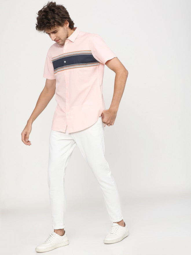 Mens Coral/White Slim Fit Colourblocked Casual Shirt - Peach - Image 5