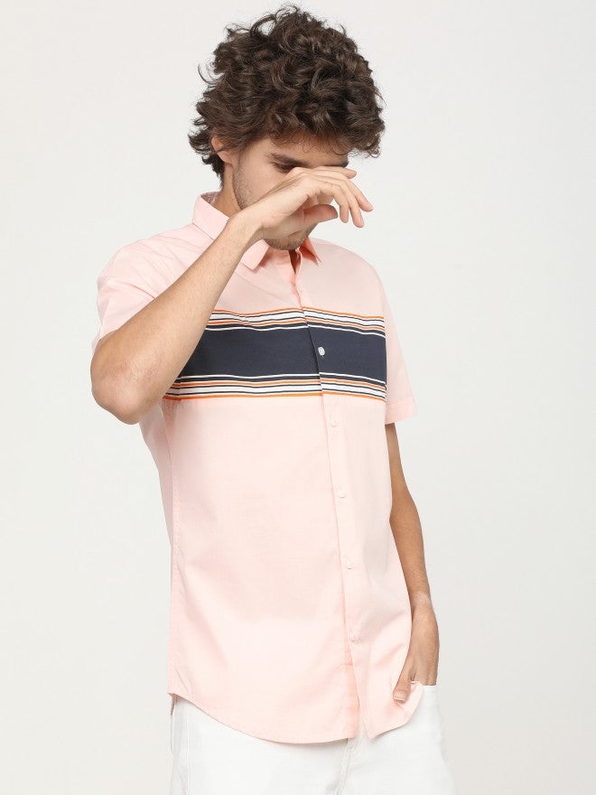 Mens Coral/White Slim Fit Colourblocked Casual Shirt - Peach - Image 6