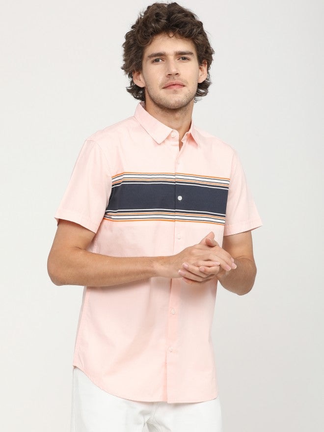 Mens Coral/White Slim Fit Colourblocked Casual Shirt - Peach - Image 7