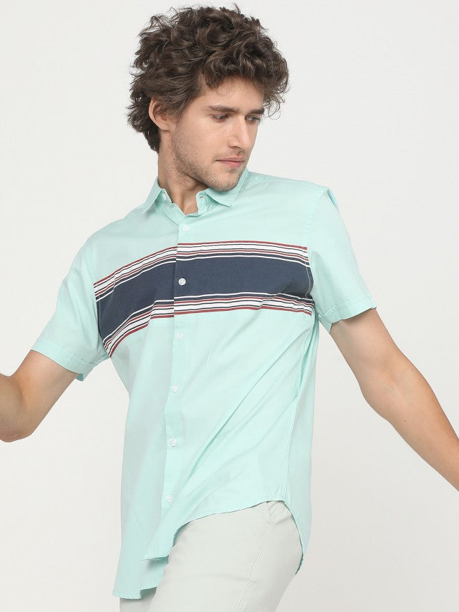 Mens Aqua/White Slim Fit Colourblocked Casual Shirt - Blue - Image 1