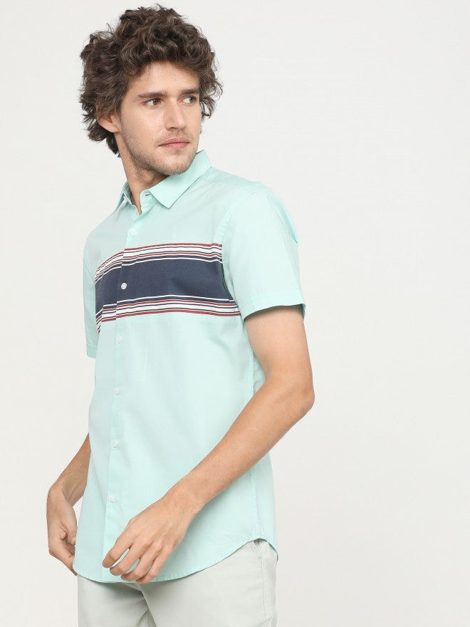 Mens Aqua/White Slim Fit Colourblocked Casual Shirt - Blue - Image 2