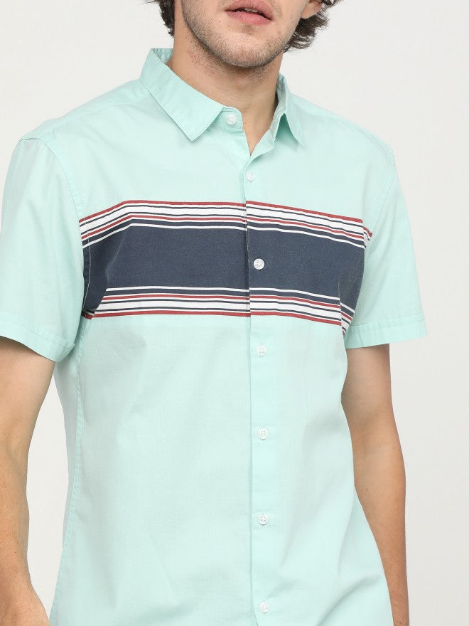 Mens Aqua/White Slim Fit Colourblocked Casual Shirt - Blue - Image 4