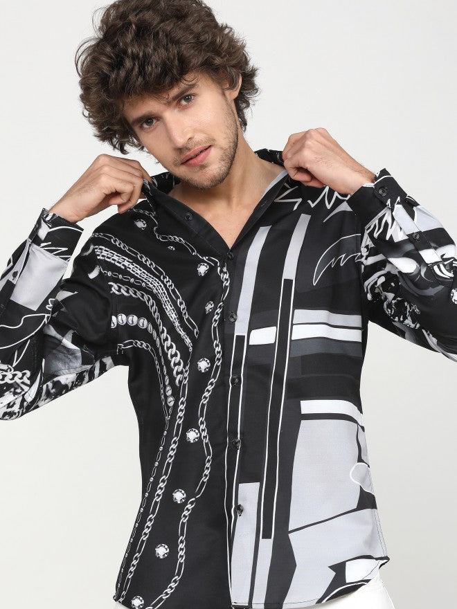 Mens Black Slim Fit Printed Casual Shirt - Black - Image 1