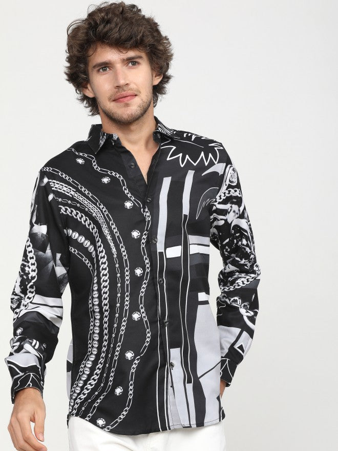 Mens Black Slim Fit Printed Casual Shirt - Black - Image 2