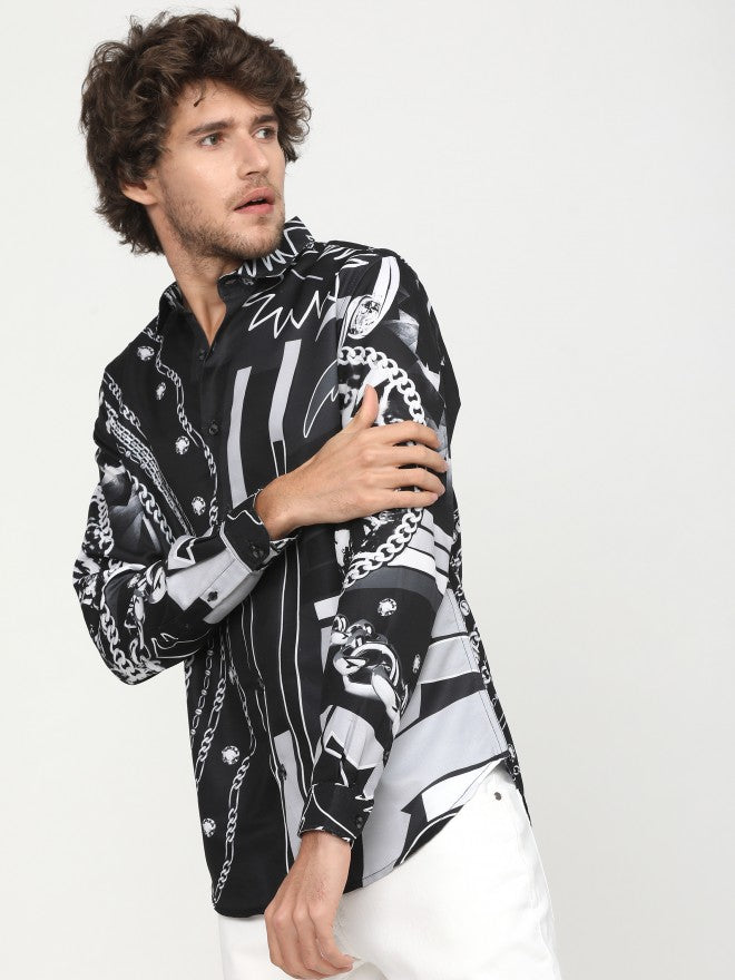 Mens Black Slim Fit Printed Casual Shirt - Black - Image 3
