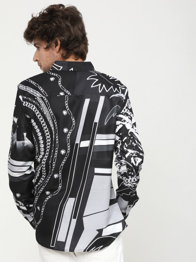Mens Black Slim Fit Printed Casual Shirt - Black - Image 4