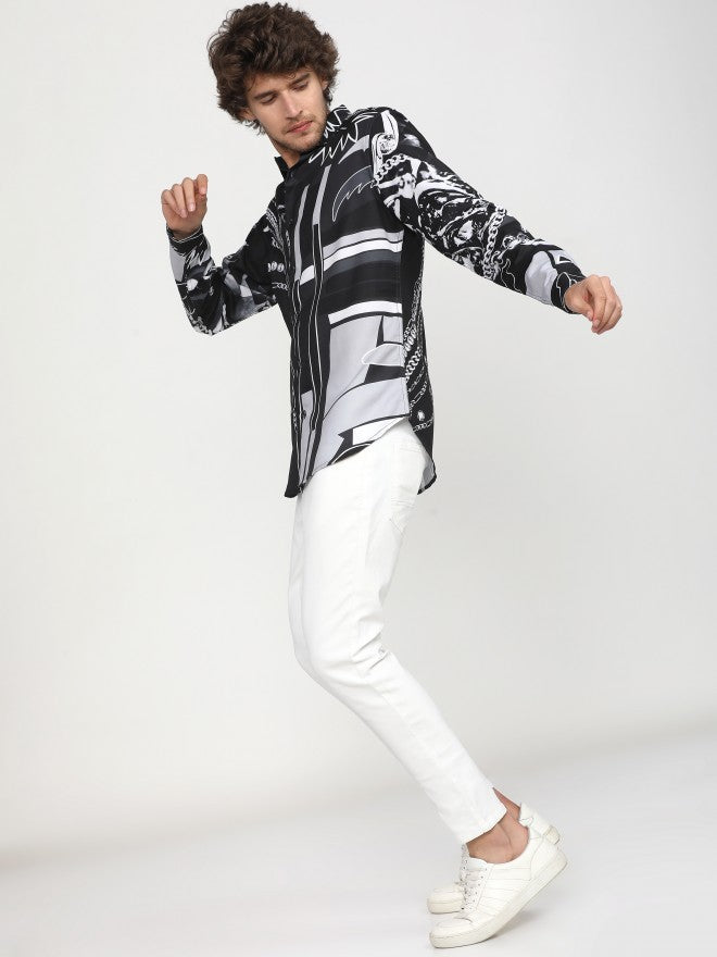 Mens Black Slim Fit Printed Casual Shirt - Black - Image 5