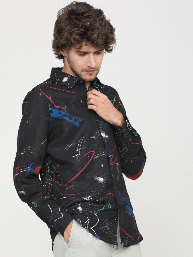 Mens Black Slim Fit Printed Casual Shirt - Black - Image 1