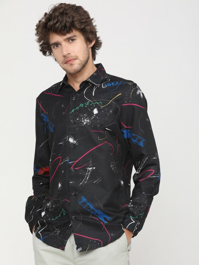 Mens Black Slim Fit Printed Casual Shirt - Black - Image 2