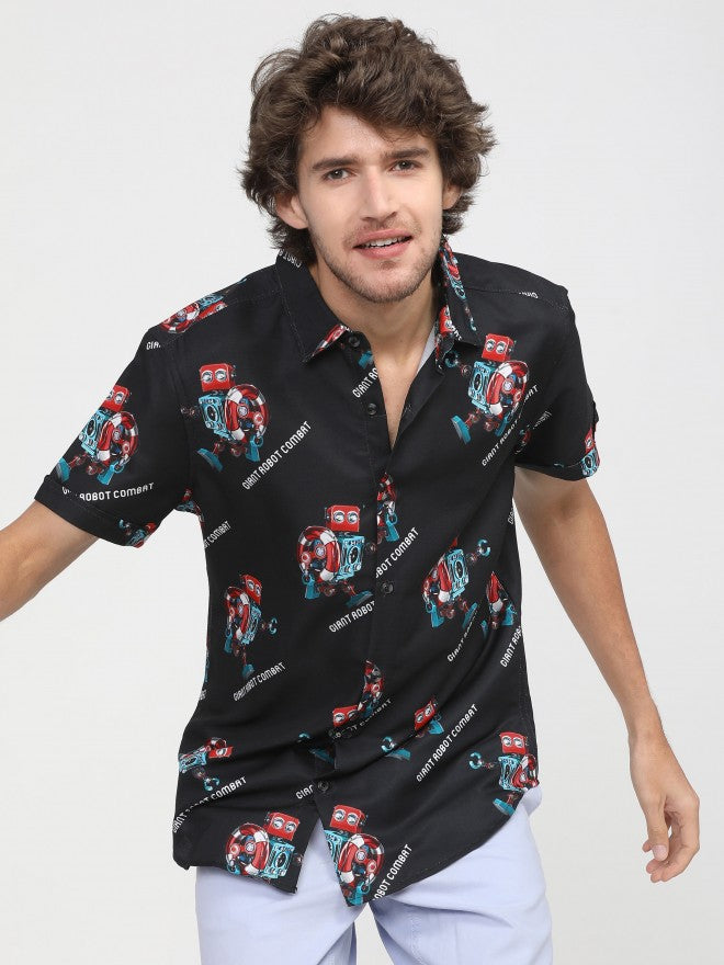 Mens Black Slim Fit Printed Casual Shirt - Black - Image 1
