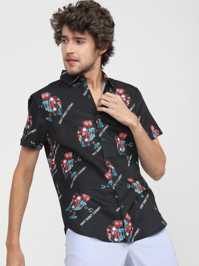 Mens Black Slim Fit Printed Casual Shirt - Black - Image 2